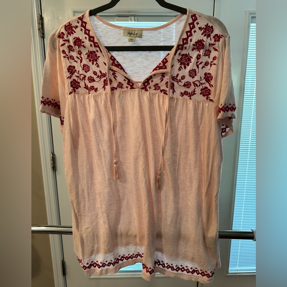 Style & Co Pink Embroidered Boho Peasant Top- 2X